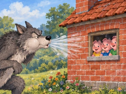 Wolf blows at intact brick house while three pigs look through small window.