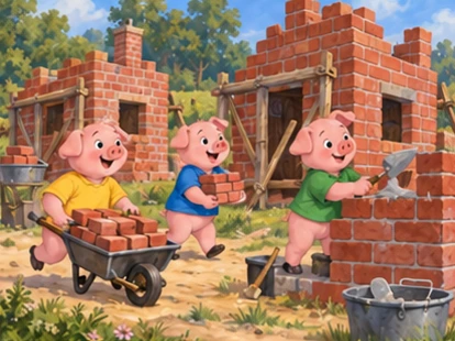 All three pigs work together building two new brick houses.