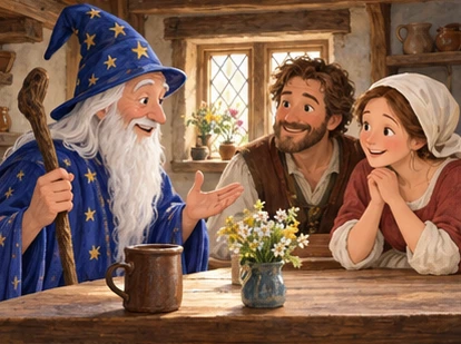 Merlin visits smiling couple at simple English cottage table.