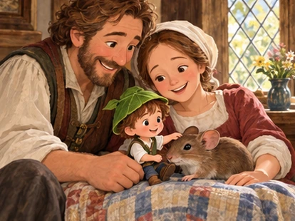 Tiny Tom and mouse rest with parents beside welcoming cottage window.