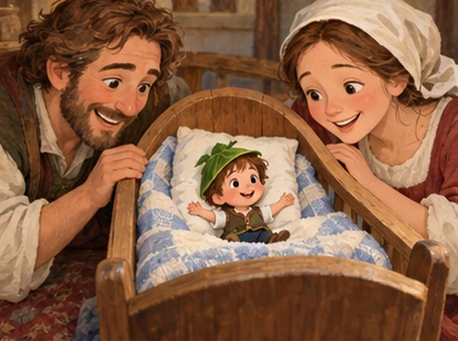 Thumb-sized Tom in leaf hat rests in tiny cradle beside delighted parents.