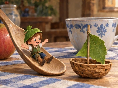 Tiny leaf-hatted Tom explores spoon slide and walnut-shell boat on tabletop.