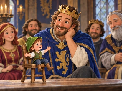 Tiny Tom on miniature table chair tells stories to King Arthur and court.