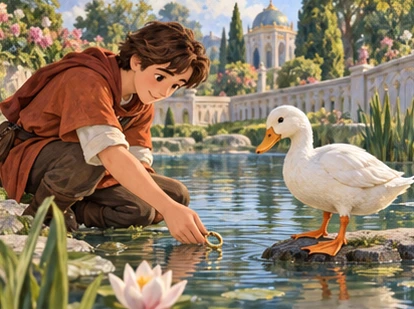 Young man retrieves gold ring caught beside duck's foot near palace pond.