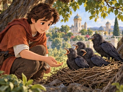 Traveller offers safe crumbs to three young ravens beside their grounded nest.