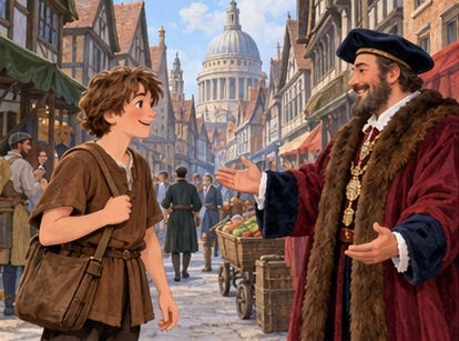 Brown-tunic Dick enters busy old London street with merchant welcoming him.