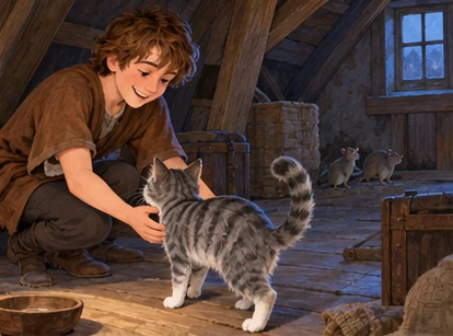 Dick welcomes grey tabby cat into small attic with distant mice.