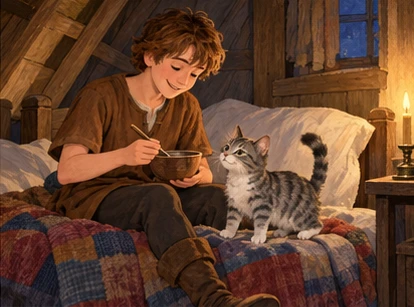 Dick shares supper with grey tabby on small attic bed.