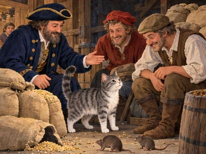 Captain introduces grey tabby to harbour hosts beside grain sacks and mice.